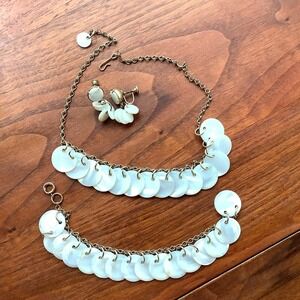 Vintage Mother of Pearl Disk Collar Necklace Earrings Bracelet Set